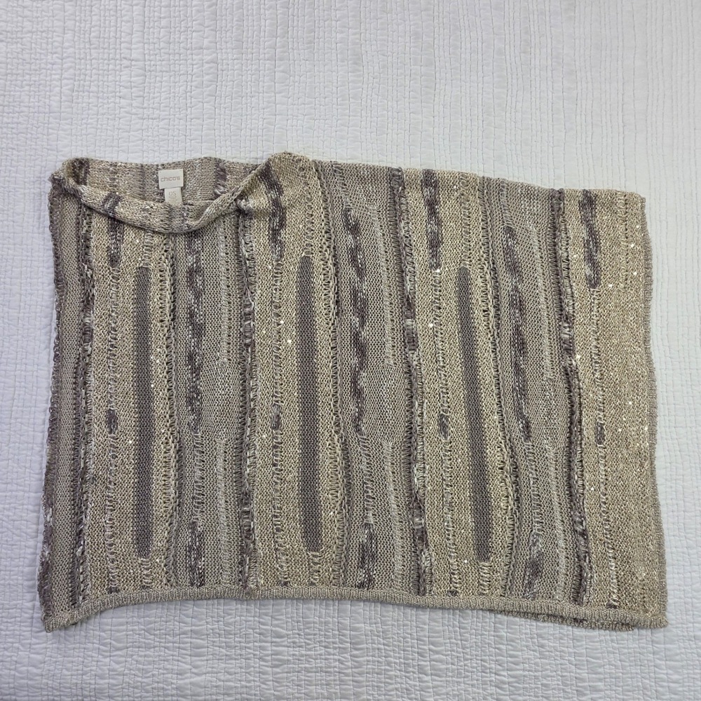 Chico's Metallic Gold Silver Sequin Knit Poncho Top One Size OS EUC Boho Shimmer